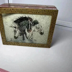 Vintage Wooden Horse Trinket Box 3.5x4.5” Velvet Inside
